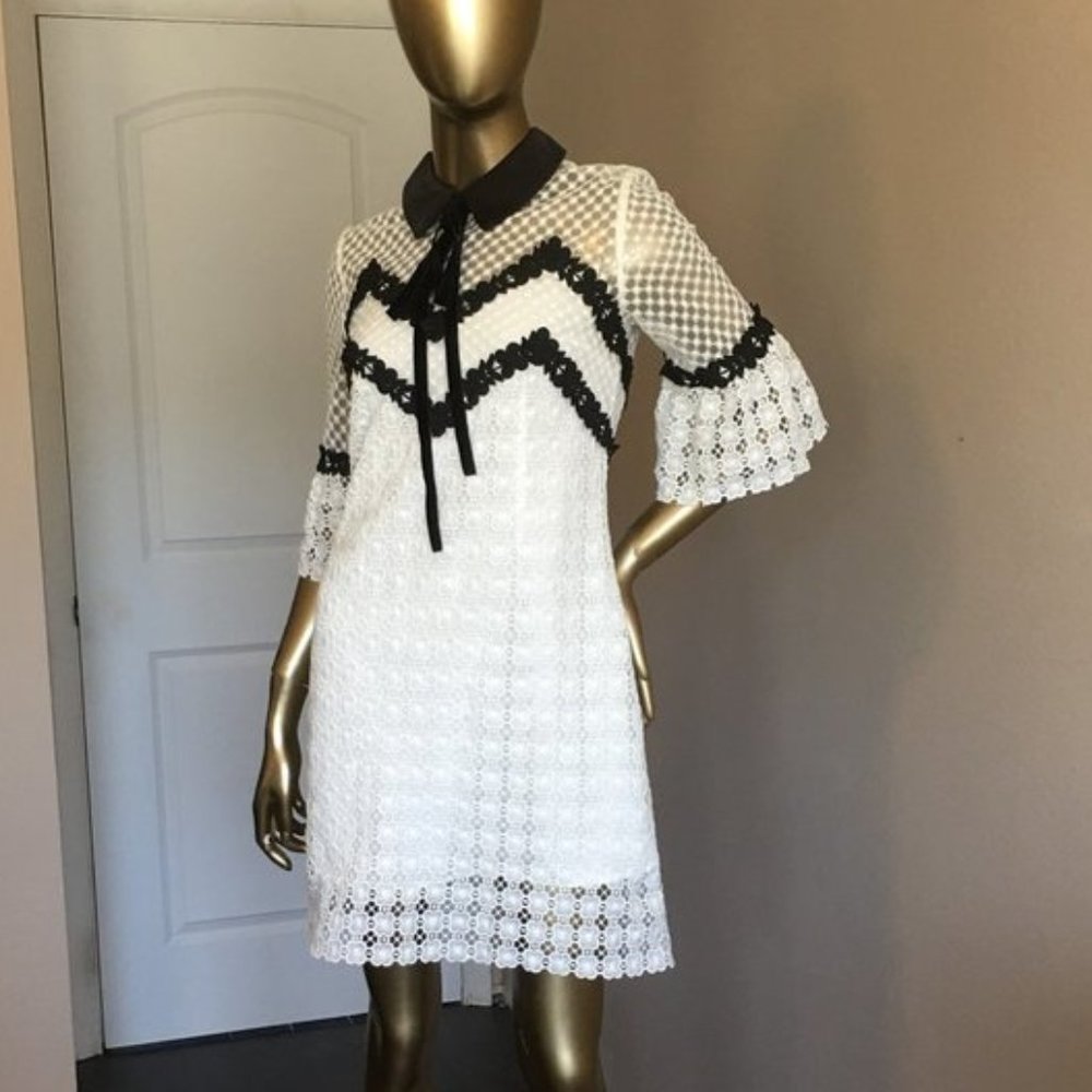 Black & White Petal Shift Dress with School Girl Collar - Picture 2 of 11